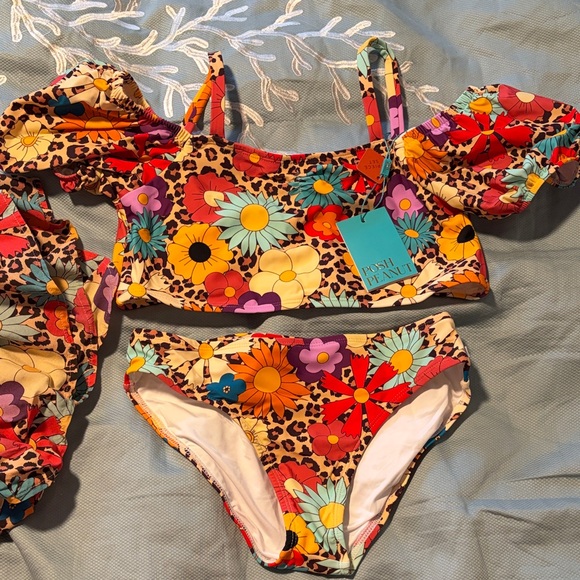 Posh Peanut Colorful Floral and Leopard Bikini and Coverup 12Y - Picture 2 of 3